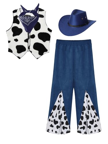 Alvivi Kinder Mädchen Cowgirl Kostüm Kuh Muster Fleece Weste Jacke + Schlaghose + Cowboyhut + Bandana Cowgirl Kleidung Disco Ballsaal Tanzkostüm Marine Blau 146-152 von Alvivi