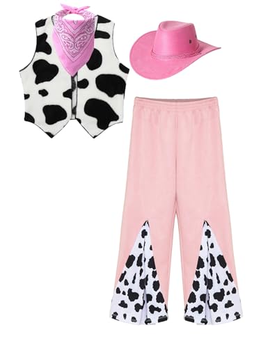 Alvivi Kinder Mädchen Cowgirl Kostüm Kuh Muster Fleece Weste Jacke + Schlaghose + Cowboyhut + Bandana Cowgirl Kleidung Disco Ballsaal Tanzkostüm Rosa 158-164 von Alvivi