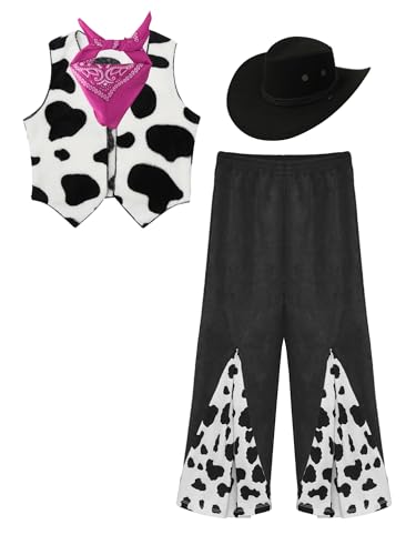 Alvivi Kinder Mädchen Cowgirl Kostüm Kuh Muster Fleece Weste Jacke + Schlaghose + Cowboyhut + Bandana Cowgirl Kleidung Disco Ballsaal Tanzkostüm Schwarz 158-164 von Alvivi