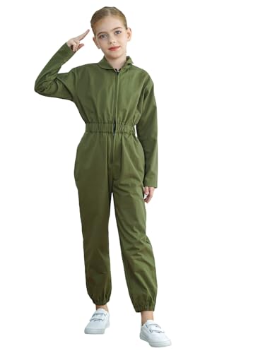 Alvivi Kinder Piloten Kostüm Jungen Mädchen Piloten Uniform Fliegerkombi Jetpilot Anzug Ganzkörperanzug Langarm Body Overall Jumpsuit Armeegrün 122-128 von Alvivi