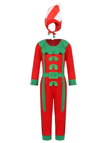 Alvivi Kinder Weihnachtsbaum Kostüm Langarm Weihnachten Body Overall Jumpsuit mit Weihnachtsmütze Weihnachten Kostüm Weihnachtsoutfit Rot 98-104 von Alvivi