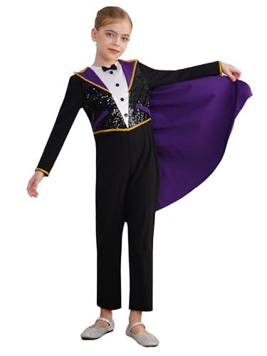 Alvivi Kinder Zauberer Kostüm Glänzend Pailletten Body Overall mit Umhang Magier Kostüm Rollenspiel Halloween Fasching Karneval Schwarz 134-140 von Alvivi