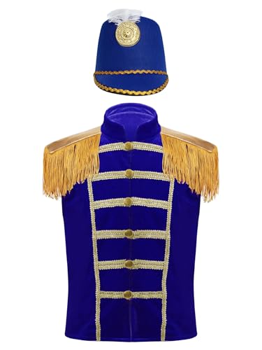 Alvivi Kinder Zirkus Kostüm Jungen Mädchen Zirkusdirektor Uniform Samt Weste Jacke Mantel + Hut Weihnachten Karneval Fasching Verkleidung Stil D Blau 146-152 von Alvivi