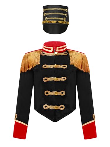 Alvivi Kinder Zirkus Kostüm Langarm Ziskus Jacke mit Hut Zirkusdirektor Uniform Für Jungen Mädchen Halloween Karneval Fasching Verkleidung Schwarz 122-128 von Alvivi