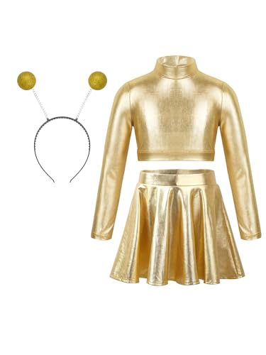 Alvivi Mädchen Alien Kleid Metallic Space Girl Kleid mit Langarmshirt Crop Top Minirock Haarreif Glänzend Weltall Astronauten Kostüm Karneval Fasching Partykleid Gold 134-140 von Alvivi