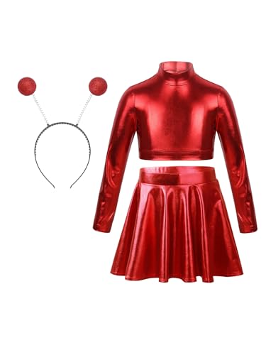 Alvivi Mädchen Alien Kleid Metallic Space Girl Kleid mit Langarmshirt Crop Top Minirock Haarreif Glänzend Weltall Astronauten Kostüm Karneval Fasching Partykleid Rot 110-116 von Alvivi