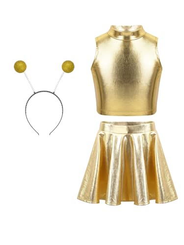 Alvivi Mädchen Alien Kleid Space Girl Kleid Glänzend Weltall Astronauten Kostüm Metallic Crop Top mit Minirock Haarreif Karneval Fasching Partykleid Gold 158-164 von Alvivi