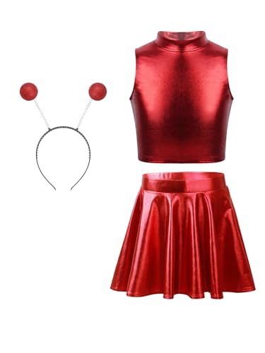 Alvivi Mädchen Alien Kleid Space Girl Kleid Glänzend Weltall Astronauten Kostüm Metallic Crop Top mit Minirock Haarreif Karneval Fasching Partykleid Rot 110-116 von Alvivi