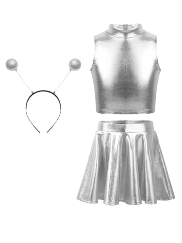 Alvivi Mädchen Alien Kleid Space Girl Kleid Glänzend Weltall Astronauten Kostüm Metallic Crop Top mit Minirock Haarreif Karneval Fasching Partykleid Silber 158-164 von Alvivi