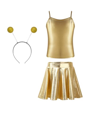 Alvivi Mädchen Alien Kleid Space Girl Kleid Metallic Tank Top mit Minirock Haarreif Glänzend Weltall Astronauten Kostüm Karneval Fasching Partykleid Gold 134-140 von Alvivi