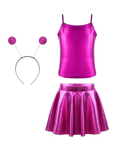 Alvivi Mädchen Alien Kleid Space Girl Kleid Metallic Tank Top mit Minirock Haarreif Glänzend Weltall Astronauten Kostüm Karneval Fasching Partykleid Rosenrot 122-128 von Alvivi