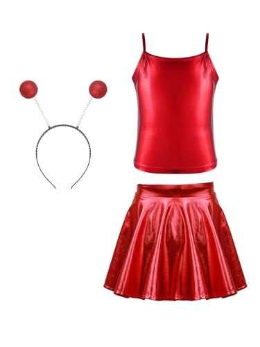 Alvivi Mädchen Alien Kleid Space Girl Kleid Metallic Tank Top mit Minirock Haarreif Glänzend Weltall Astronauten Kostüm Karneval Fasching Partykleid Rot 122-128 von Alvivi