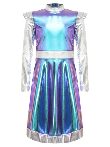 Alvivi Mädchen Alien Kostüm Metallic Space Girl Kleid Astronaut Kostüm Langarm Kleid Tanzkleid Halloween Karneval Fasching Tanzkostüm Blau 110-116 von Alvivi