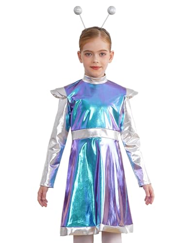 Alvivi Mädchen Alien Kostüm Metallic Space Girl Kleid mit Haarreif Astronaut Kostüm Langarm Kleid Tanzkleid Halloween Karneval Fasching Tanzkostüm Blau 110-116 von Alvivi