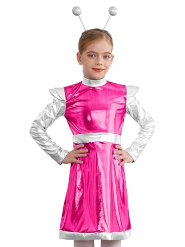 Alvivi Mädchen Alien Kostüm Metallic Space Girl Kleid mit Haarreif Astronaut Kostüm Langarm Kleid Tanzkleid Halloween Karneval Fasching Tanzkostüm Dunkel Rosa 122-128 von Alvivi