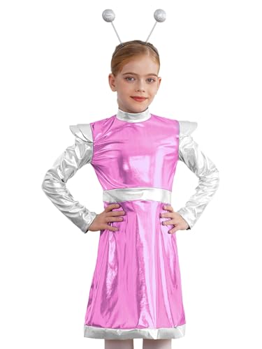 Alvivi Mädchen Alien Kostüm Metallic Space Girl Kleid mit Haarreif Astronaut Kostüm Langarm Kleid Tanzkleid Halloween Karneval Fasching Tanzkostüm Rosa 146-152 von Alvivi