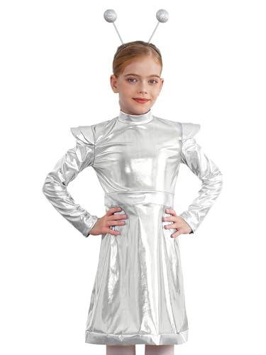 Alvivi Mädchen Alien Kostüm Metallic Space Girl Kleid mit Haarreif Astronaut Kostüm Langarm Kleid Tanzkleid Halloween Karneval Fasching Tanzkostüm Silber 122-128 von Alvivi