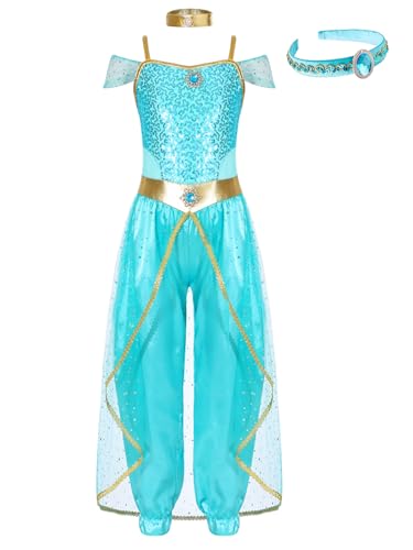 Alvivi Mädchen Arabische Prinzessin Kostüm Pailletten Overall Jumpsuit mit Haarreif Halloween Weihnachten Karneval Fasching Tanzkleidung Hellblau 110-116 von Alvivi