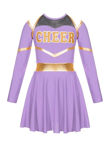 Alvivi Mädchen Cheer Leader Kleid Cheerleading Kostüm Langarm Schulmädchen Uniform Kleid Halloween Kostüm Fasching Partykleid Lavendel 122-128 von Alvivi