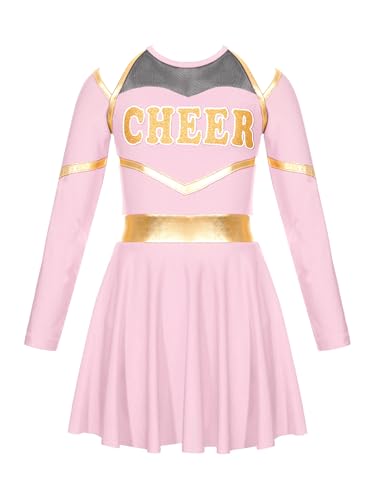 Alvivi Mädchen Cheer Leader Kleid Cheerleading Kostüm Langarm Schulmädchen Uniform Kleid Halloween Kostüm Fasching Partykleid Rosa 110-116 von Alvivi