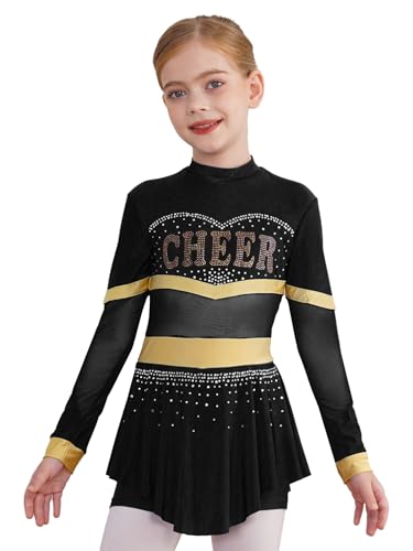 Alvivi Mädchen Cheer Leader Kostüm Cheerleading Uniform Mesh Patchwork Tanzkleid Langarm Kleid Halloween Karneval Fasching Partykleid A Schwarz 110-116 von Alvivi