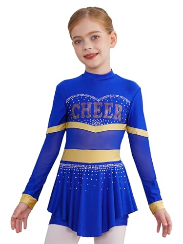 Alvivi Mädchen Cheer Leader Kostüm Cheerleading Uniform Mesh Patchwork Tanzkleid Langarm Kleid Halloween Karneval Fasching Partykleid Royal Blau 134-140 von Alvivi