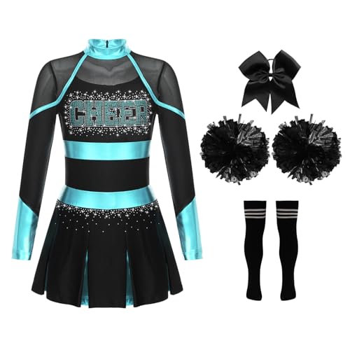 Alvivi Mädchen Cheer Leader Kostüm Langarm Cheer Kleid mit Pompoms Socken Haarband Cheerleading Kostüm Halloween Karneval Fasching Partykleid A Blau Grün&Schwarz 134-140 von Alvivi