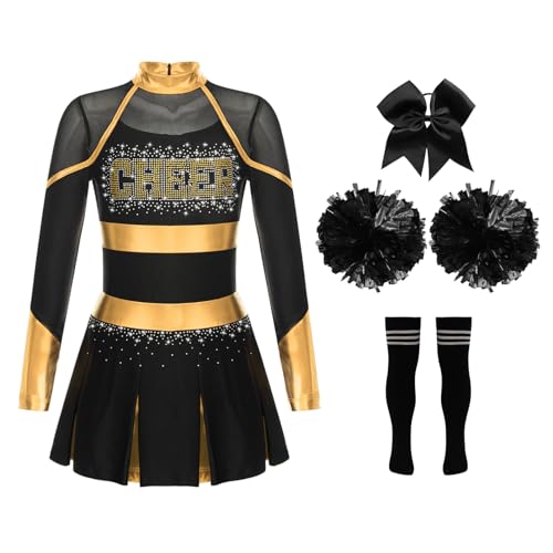 Alvivi Mädchen Cheer Leader Kostüm Langarm Cheer Kleid mit Pompoms Socken Haarband Cheerleading Kostüm Halloween Karneval Fasching Partykleid A Gold&Schwarz 110-116 von Alvivi