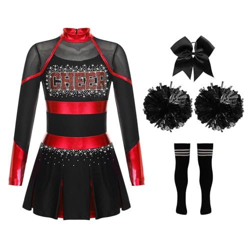 Alvivi Mädchen Cheer Leader Kostüm Langarm Cheer Kleid mit Pompoms Socken Haarband Cheerleading Kostüm Halloween Karneval Fasching Partykleid A Rot&Schwarz 110-116 von Alvivi