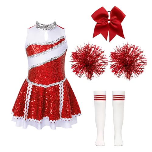 Alvivi Mädchen Cheerleaderin Kostüm Cheerleading Uniform Pailletten Kleid mit Pompoms Socken Haarband Halloween Karneval Fasching Partykleid Da Rot 146-152 von Alvivi