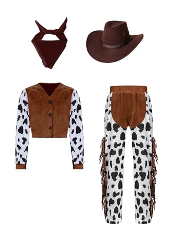 Alvivi Mädchen Cowgirl Kostüm Kuh Muster Cowgirl Jacke Mantel + Schlaghose + Hut + Bandana Vintage Hippie Kleidung Disco Party Outfits Kaffee 110-116 von Alvivi