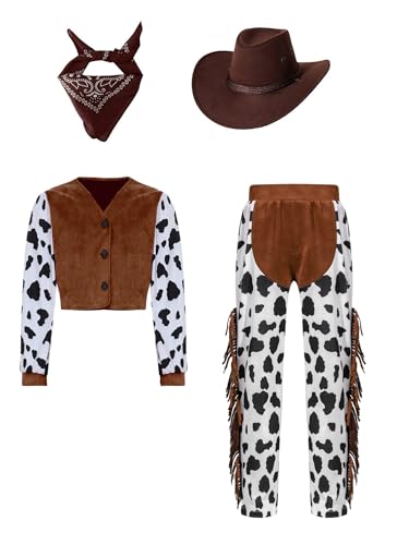 Alvivi Mädchen Cowgirl Kostüm Kuh Muster Cowgirl Jacke Mantel + Schlaghose + Hut + Bandana Vintage Hippie Kleidung Disco Party Outfits Kaffee 146-152 von Alvivi