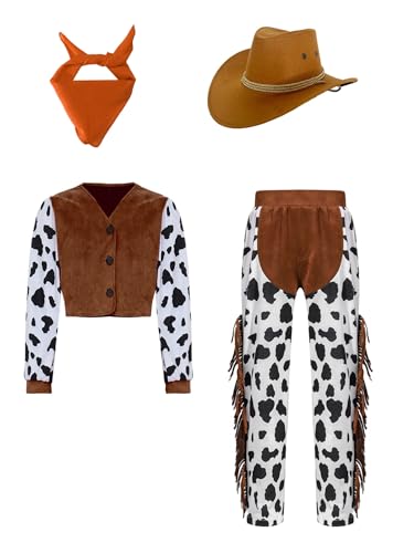 Alvivi Mädchen Cowgirl Kostüm Kuh Muster Cowgirl Jacke Mantel + Schlaghose + Hut + Bandana Vintage Hippie Kleidung Disco Party Outfits Orange 110-116 von Alvivi