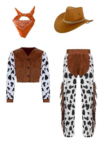 Alvivi Mädchen Cowgirl Kostüm Kuh Muster Cowgirl Jacke Mantel + Schlaghose + Hut + Bandana Vintage Hippie Kleidung Disco Party Outfits Orange 146-152 von Alvivi