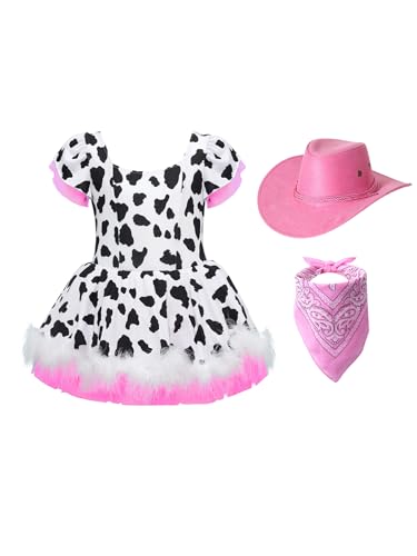 Alvivi Mädchen Cowgirl Kostüm Kuh Muster Prinzessin Tutu Kleid mit Hut Bandana Cowgirl Kleid Cosplay Karneval Fasching Partykleid Rosa 110-116 von Alvivi