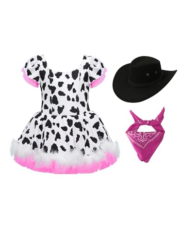 Alvivi Mädchen Cowgirl Kostüm Kuh Muster Prinzessin Tutu Kleid mit Hut Bandana Cowgirl Kleid Cosplay Karneval Fasching Partykleid Schwarz 110-116 von Alvivi