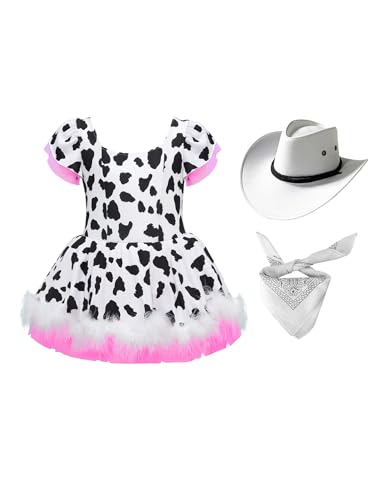 Alvivi Mädchen Cowgirl Kostüm Kuh Muster Prinzessin Tutu Kleid mit Hut Bandana Cowgirl Kleid Cosplay Karneval Fasching Partykleid Weiß 110-116 von Alvivi