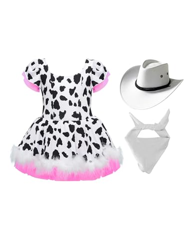 Alvivi Mädchen Cowgirl Kostüm Kuh Muster Prinzessin Tutu Kleid mit Hut Bandana Cowgirl Kleid Cosplay Karneval Fasching Partykleid Weiß 122-128 von Alvivi