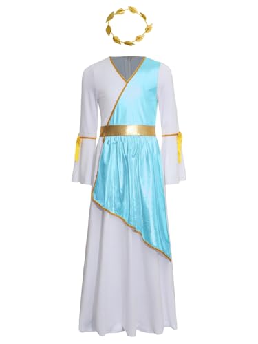 Alvivi Mädchen Griechische Göttin Kleid Toga Kleid Antike Römische Kleid mit Lorbeerkranz Langarm Lob Kleider Lyrisch Tanzkleid Maxikleid Partykleid Blau 146-152 von Alvivi