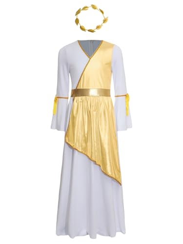 Alvivi Mädchen Griechische Göttin Kleid Toga Kleid Antike Römische Kleid mit Lorbeerkranz Langarm Lob Kleider Lyrisch Tanzkleid Maxikleid Partykleid Gold 134-140 von Alvivi