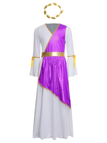 Alvivi Mädchen Griechische Göttin Kleid Toga Kleid Antike Römische Kleid mit Lorbeerkranz Langarm Lob Kleider Lyrisch Tanzkleid Maxikleid Partykleid Lila 170-176 von Alvivi