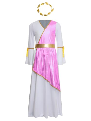 Alvivi Mädchen Griechische Göttin Kleid Toga Kleid Antike Römische Kleid mit Lorbeerkranz Langarm Lob Kleider Lyrisch Tanzkleid Maxikleid Partykleid Rosa 134-140 von Alvivi