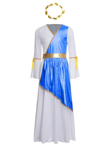 Alvivi Mädchen Griechische Göttin Kleid Toga Kleid Antike Römische Kleid mit Lorbeerkranz Langarm Lob Kleider Lyrisch Tanzkleid Maxikleid Partykleid Royal Blau 122-128 von Alvivi