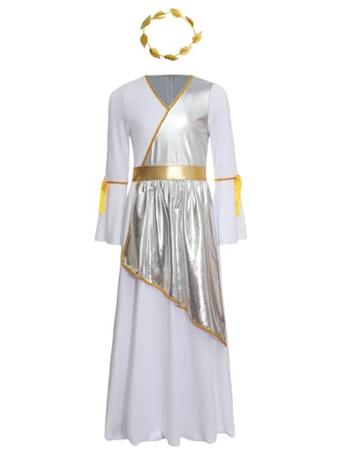 Alvivi Mädchen Griechische Göttin Kleid Toga Kleid Antike Römische Kleid mit Lorbeerkranz Langarm Lob Kleider Lyrisch Tanzkleid Maxikleid Partykleid Silber 158-164 von Alvivi