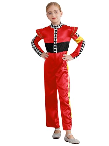 Alvivi Mädchen Rennfahrer Kostüm Rennanzug Langarm Body Overall Rennfahrer Jumpsuit Formel 1 Kostüm Halloween Karneval Fasching Party Outfits Rot 122-128 von Alvivi