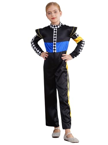 Alvivi Mädchen Rennfahrer Kostüm Rennanzug Langarm Body Overall Rennfahrer Jumpsuit Formel 1 Kostüm Halloween Karneval Fasching Party Outfits Schwarz 122-128 von Alvivi