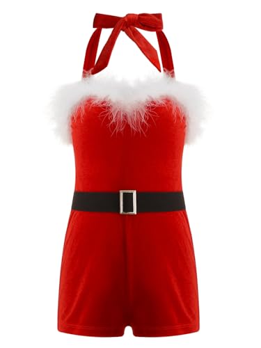 Alvivi Mädchen Weihnachten Kostüm Weihnachten Body Overall Kurz Jumpsuit Weihnachtsmann Kostüm Weihnachtsoutfits Xmas Santa Outfits Rot 134-140 von Alvivi