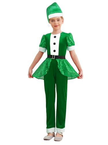 Alvivi Mädchen Weihnachten Kostüm Weihnachtself Body Overall mit Mütze Pailletten Jumpsuit Santa Outfits Xmas Weihnachten Tanzkostüm Grün 134-140 von Alvivi