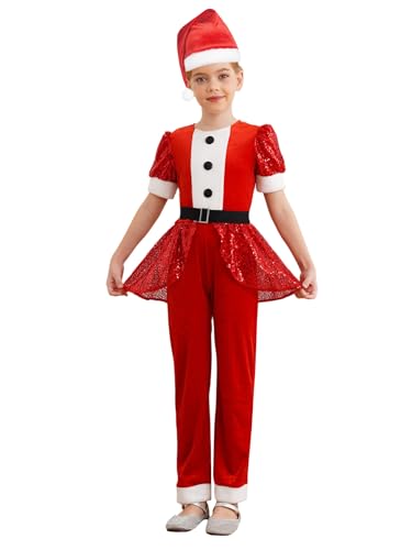 Alvivi Mädchen Weihnachten Kostüm Weihnachtself Body Overall mit Mütze Pailletten Jumpsuit Santa Outfits Xmas Weihnachten Tanzkostüm Rot 158-164 von Alvivi