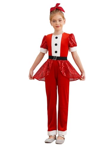 Alvivi Mädchen Weihnachten Kostüm Weihnachtself Body Overall mit Pailletten Samt Jumpsuit Weihnachten Kostüm Xmas Santa Outfits Tanzkostüm Rot 122-128 von Alvivi